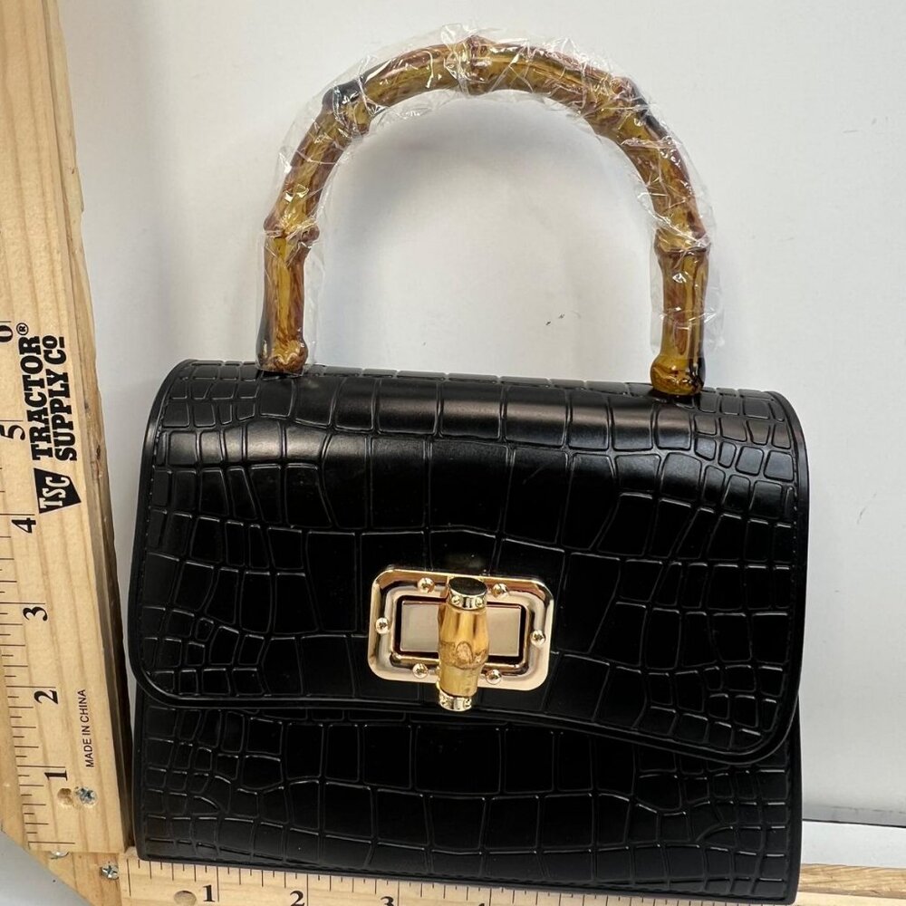Vintage Style Black Croc Embossed Handbag Bamboo Handle Gold Clasp Purse Bag